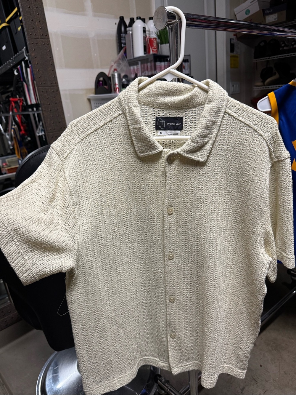 Textured Short Sleeve Button-Up Shirt in Cream . MEN